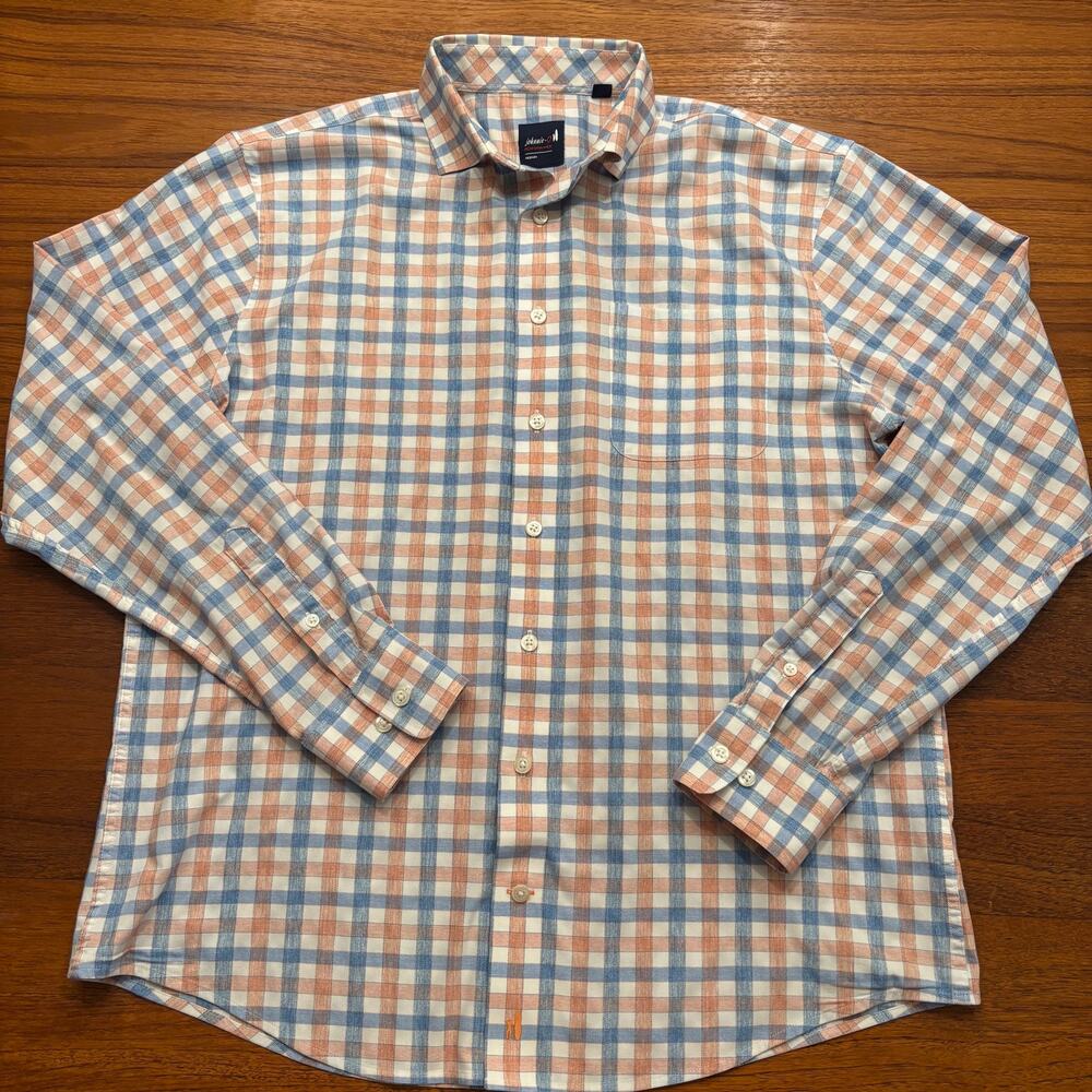 Johnnie-O Performance men’s orange blue plaid long sleeve down dress shirt M